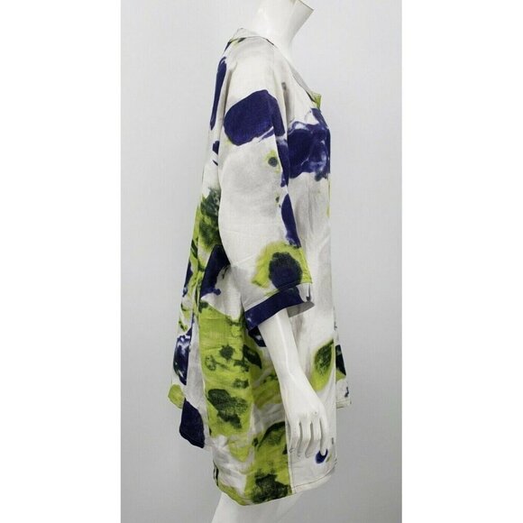 New IC by Connie K Linen Jacket Womens XXL Green Print Lagenlook Art to Wear - Picture 2 of 6